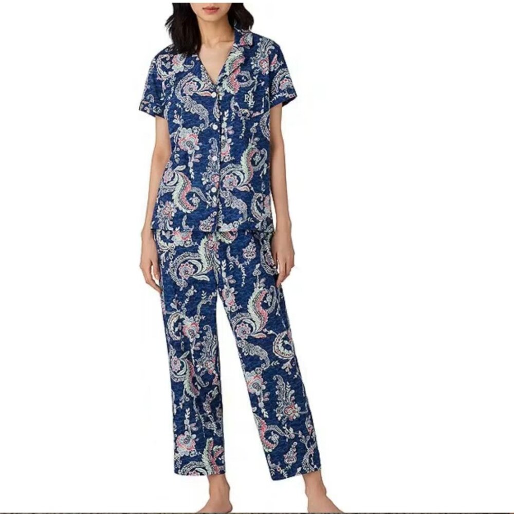 NWT Ralph Lauren Women SZ M Paisley Short Sleeve Notch Collar Cropped Pajama set